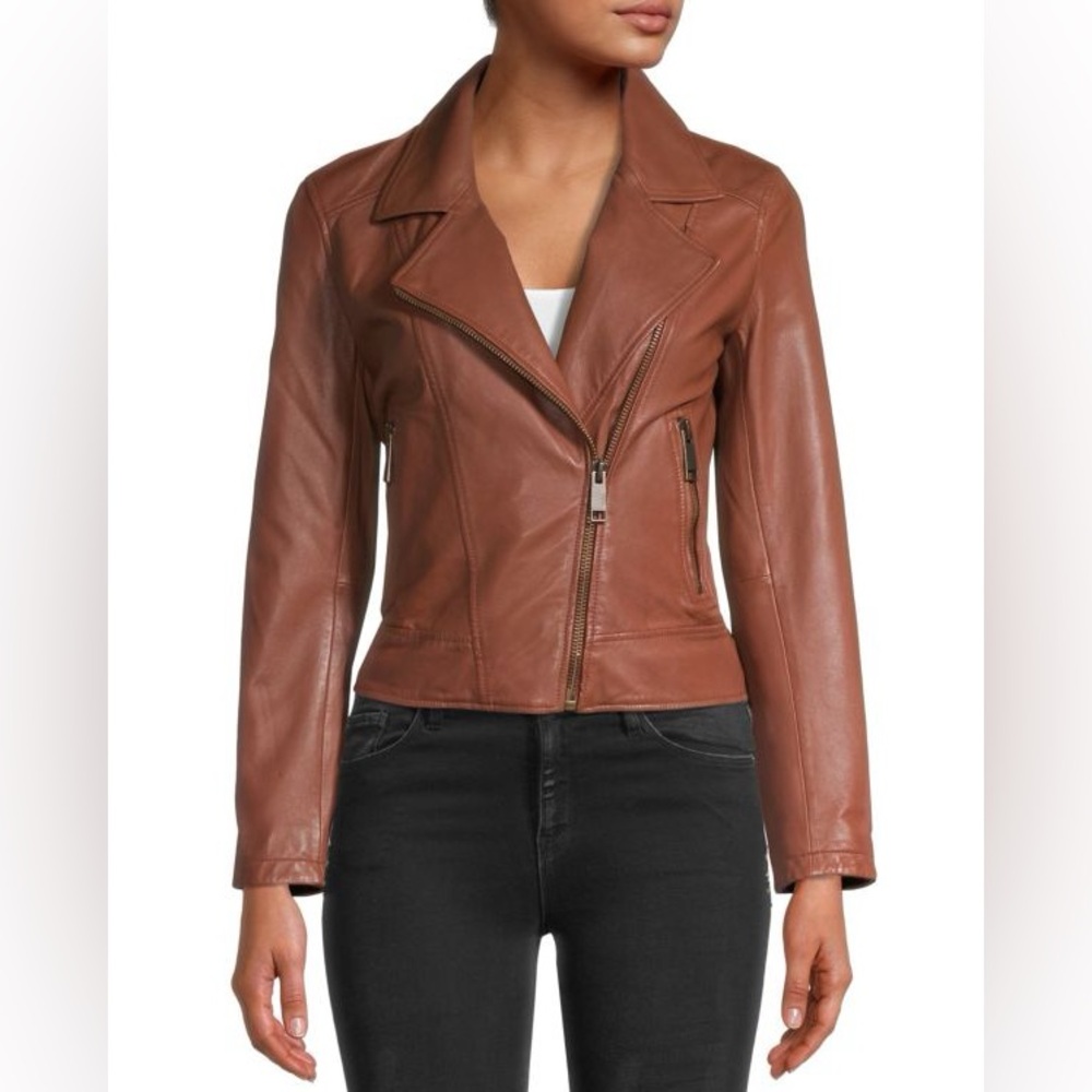 LTH JKT Soft Leather Brown Asymmetrical Zipper Front Moto Jacket EUC Size Medium